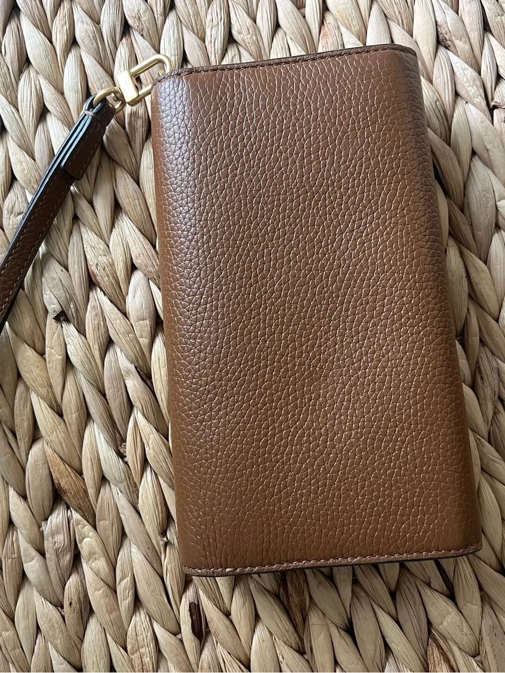 Tory Burch Tan Brown Pebbled Leather Wristlet with Gold Logo